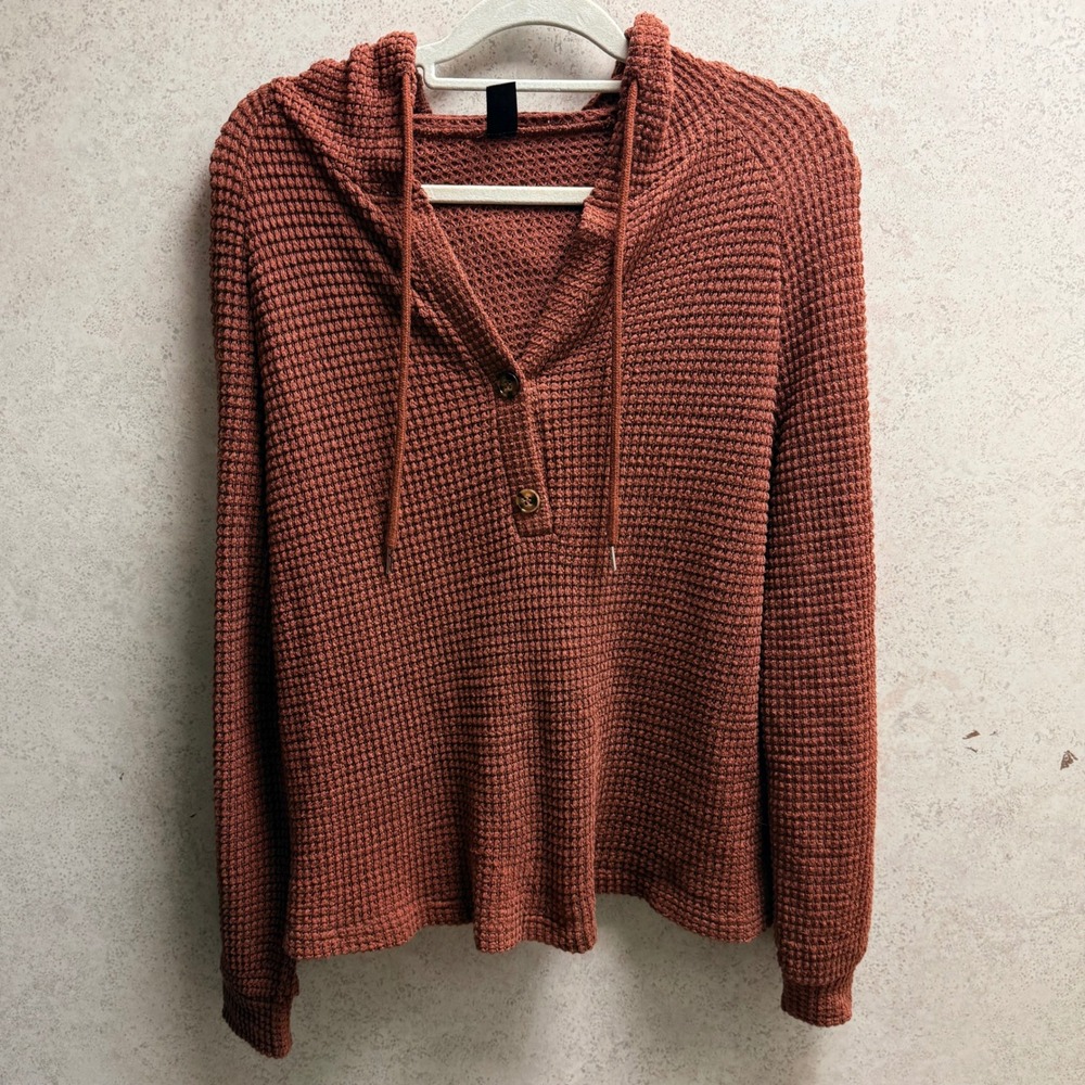 EMERY ROSE Medium Womens Waffle Knit Chocolate Brown Casual Cozy Pullover Hoodie